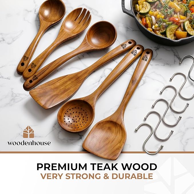 Wooden Spoons for Cooking – 6 Pcs Premium Teak Wooden Utensil Set with Hooks - Durable, Nonstick Safe, Easy to Clean & Heat Resistant with Ergonomic Handles