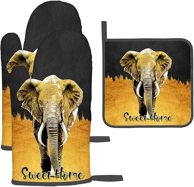 Elephant Oven Mitts and Pot Holders Sets of 3 Black Gold Hot Pads Oven Gloves Heat Resistant Non Slip Washable for Kitchen Cooking Grilling Baking