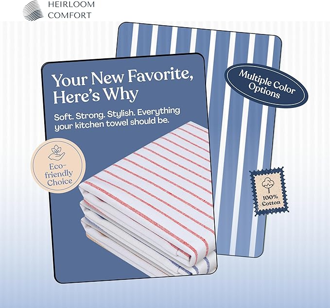 Multi Colors Kitchen Towels 12 Pack, 100% Cotton, Classic Striped Towel Set, Super Absorbent, Quick Drying Fabric for Drying Dishes - Red, Indigo Blue, Mustard Yellow