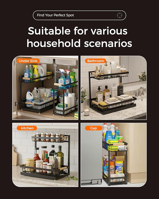 Sevenblue 3 Pack Under Sink Organizer, Height Adjustable 2 Tier Pull-Out Metal Under Kitchen Sink Organizer, Multi-Purpose Storage Shelves for Kitchen Bathroom Cabinet (Black)