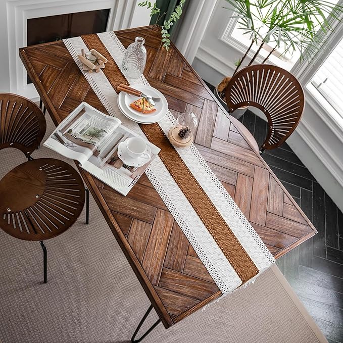Alynsehom Macrame Table Runner Cream Beige and Caramel Boho Table Runners with Tassels Hand Woven Cotton Table Runner Rustic Farmhouse Table Runners for Bohemian Kitchen Dining Table(12x71in)