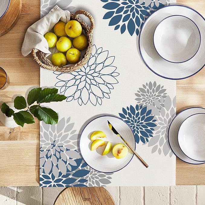 Blue Gray Table Runner Dahlia Pinnata Flower Beige Table Runners Modern Elegant Pompon Farmhouse Geometric Table Center Decor for Home Dining Party Entrance (13 x 36 Inch)