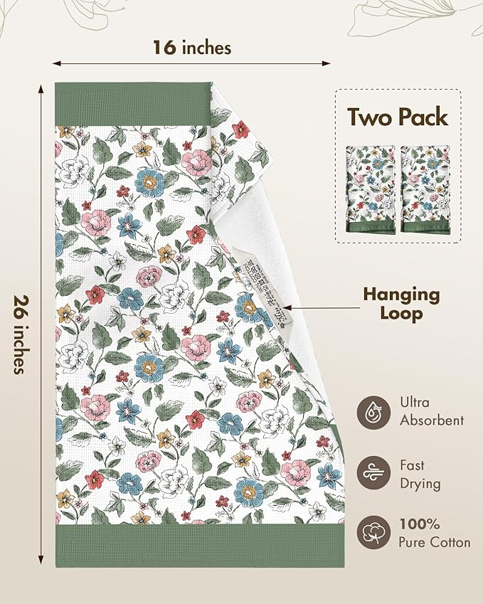 Miss Adola 2pcs Waffle Kitchen Towels - 16x26 Inch Cotton Waffle Weave Dish Cloths Set of 2 with Hanging Loop Absorbent Hand Tea Towels Elegant Design for Housewarming Gift, Vibrant Botanical