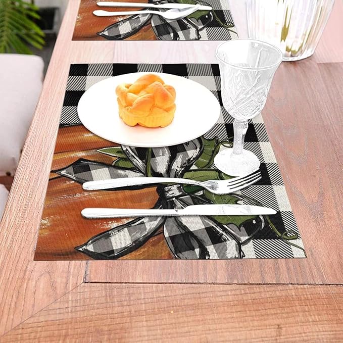 Fall Pumpkin Placemats 12x18 Inch Set of 4, Black White Plaids Pumpkin Table Place Mat Thanksgiving Autumn Orange Harvest Washable Table Mats Decorative Linen Fabric Table Mat for Dining Table