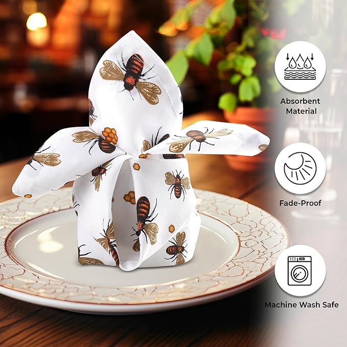 Urban Villa Cloth Napkins Honey Bee Print 100% Cotton Absorbent Dinner Napkins (Set of 6) Oversized 20x20 Inches Soft Durable Reusable Washable Ideal for Everyday Use Wedding Parties Premium Quality