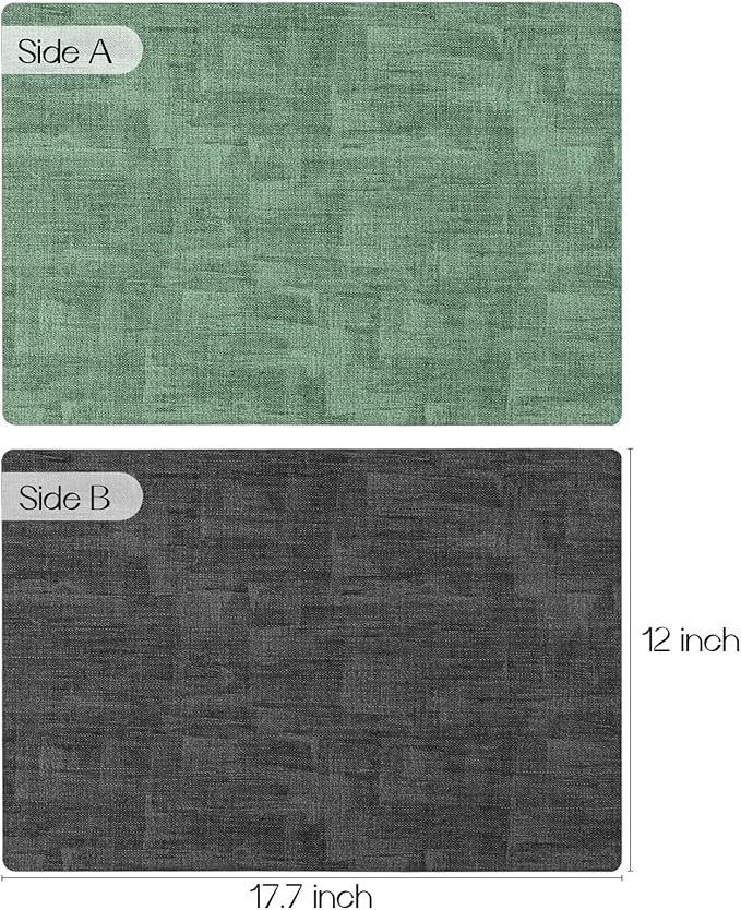 Romanstile Vinyl Placemats Set of 8-12x17 Inch, Reversible Waterproof Washable Non Slip Table Mats, Faux Leather Heat Resistant Wipeable Table Placemats for Dining/Party/Indoor/Outdoor, Grey-Green