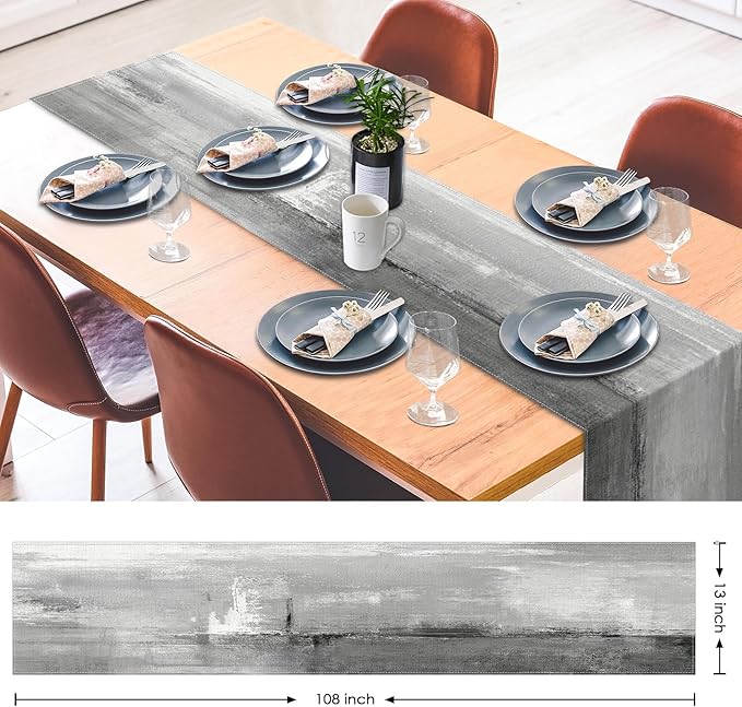 Emvency Farmhouse Table Runner, Grey and White Abstract Art Painting for Kitchen Coffee Table Family Dinners Holiday Parties Wedding Events Decor(13x72 inch)