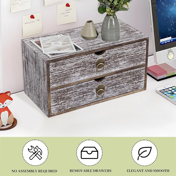 Wood Desk Organizer, Washed Brown Wooden Desktop Organizer with Drawer, Tabletop Storage Organization Box for Countertop, Home Office Supplies, Bills, 13.3 x 6.5 x 7 Inches(2 Drawer)