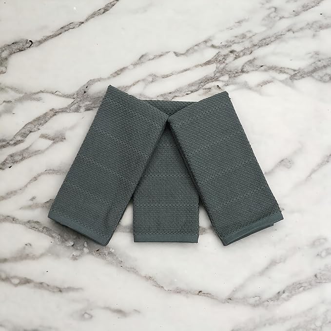 Serafina Home Dark Grey Gray Kitchen Hand Dish Towels: Oversized 28" x 18",100% Cotton Cloth Soft Cleaning Drying Absorbent Textured Design, Set of 3 Multipurpose for Everyday Use (Dark Grey)