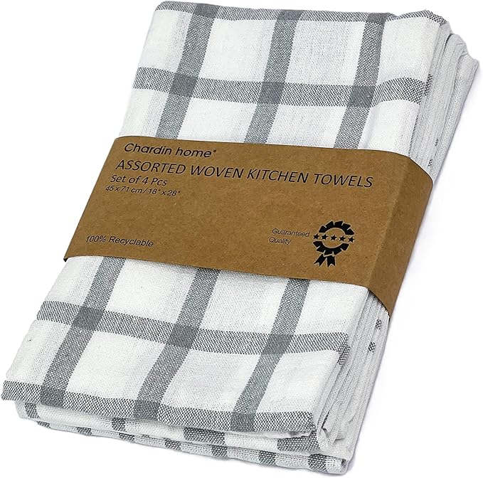 Chardin home Recycled Cotton Assorted Woven Kitchen Towels Set, Grey-White | 18x28 Inch Kitchen/Dish Cloths Set of 4 |Super Absorbent Reusable Hand and countertop Towels, Ultra Soft Tea Towels