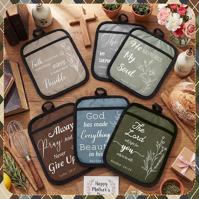 LemonRoad 12 Pcs Mother's Day Church Gifts Bulk Religious Christian Pot Holders with Pocket Mom Gifts Botanical Gloves Pads Bible Verse Scripture Oven Mitts for Women Kitchen Baking Supplies
