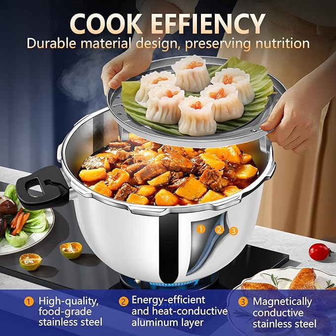 12.68QT Stainless Steel Pressure Cooker, Heavy Duty Food Grade Pressure Canner with Safety Valve & Heat-Resistant Handle, Compatible with All Stovetops for Home Cooking & Canning