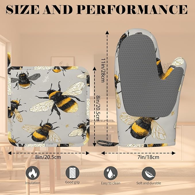 Happy Busy Bees Oven Mitts and Pot Holders Sets Non-Slip Silicone Surface for BBQ Gloves,Kitchen,Cooking,Baking,Grilling