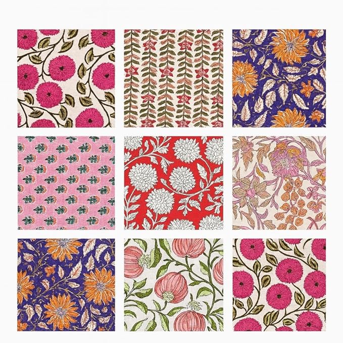 INDIANHANDICRAFTS 10 Pc Mix Lot Hand Block Print Napkin, 100% Cotton, 16x16 Inch, Multicolor Floral, Square, Napkin