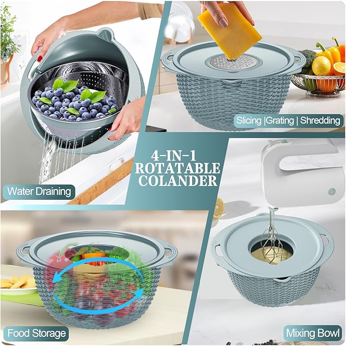 4-1 Colander with Bowl Set - Strainers for Kitchen(Patented), Food Strainers and Colanders, Pasta Strainer with New Upgraded Graters for Fruit, Veggie Washing, Aesthetic Cooking Present - Blue