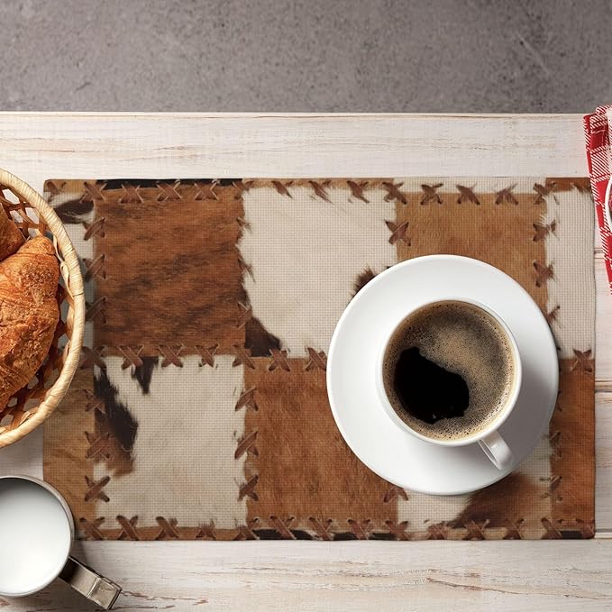 Cowhide Placemats Set of 4 Patchwork Cow Fur Print Linen Washable Placemat Kitchen Dining Heat-Resistant Farm Animal Place Mats Desktop Decor Western Cowboy Table Mats 12x18 Inch