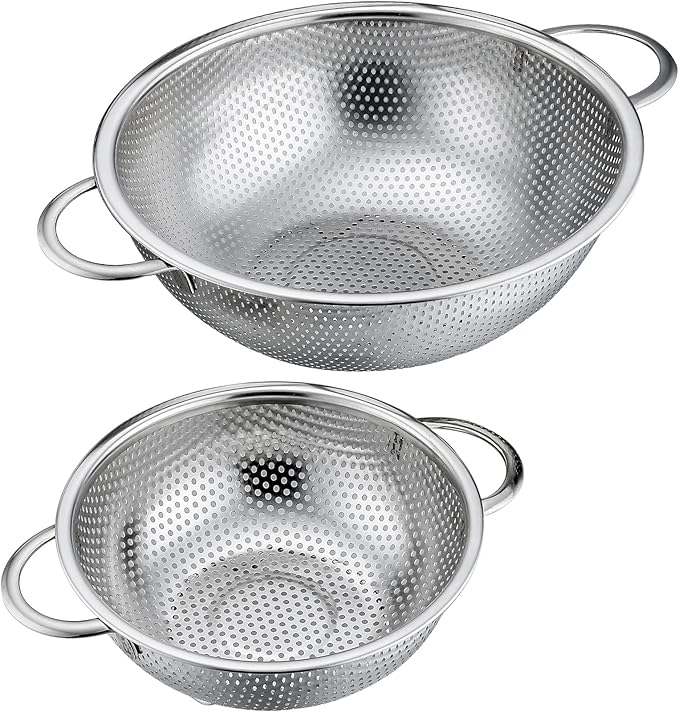 P&P CHEF Stainless Steel Colander, Micro-Perforated Food Strainer with Handle for Washing Draining, Great for Pasta Fruits Vegetables, Dishwasher Safe & Healthy, 1 +3 Qt, 2Pcs