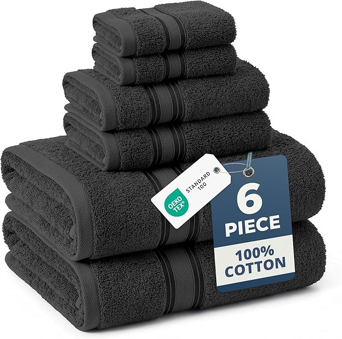 LANE LINEN Luxury Bath Towels Set - 6 Piece Set, 100% Cotton Bathroom Towels, Zero Twist, Quick Dry Shower Towels, Absorbent Bath Towel, Super Soft, 2 Bath Towels, 2 Hand Towels, 2 Wash Cloths - Black