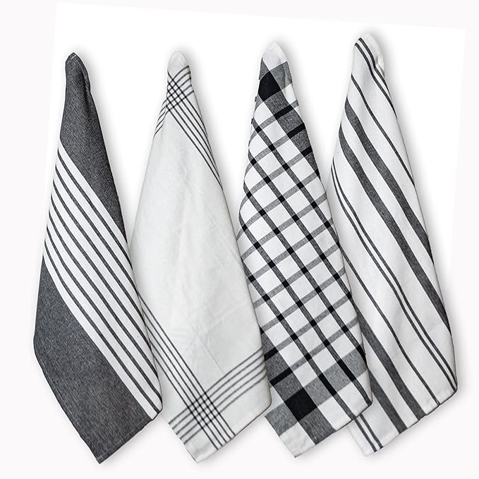 Chardin home Recycled Cotton Assorted Woven Kitchen Towels Set, Black-White | 18x28 Inch Kitchen/Dish Cloths Set of 4 |Super Absorbent Reusable Hand and countertop Towels, Ultra Soft Tea Towels