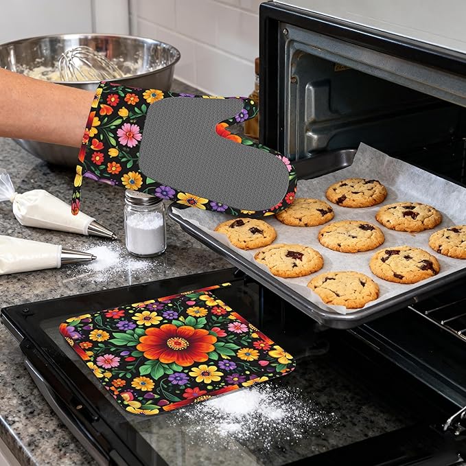 Vintage Colorful Floral Mexican Oven Mitts and Pot Holders (4PCS),Heat Resistant Non-Slip Silicone Kitchen Gloves for Cooking, Baking, BBQ Waterproof Kitchen Accessories