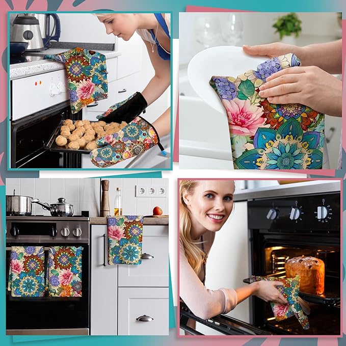 Jingmore 6 Pcs Kitchen Decor Set Accessory Farmhouse Kitchen Towels Pot Holders Oven Mitts Set 2 Dish Towels 2 Pot Holders 2 Cooking Mittens Oven Glove for Cooking(Colorful,Boho Floral)