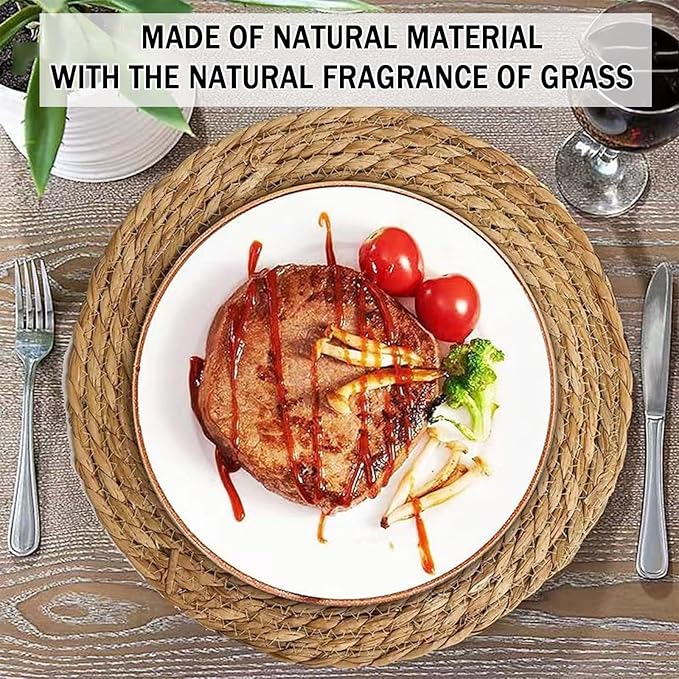 Handmade Heat Resistant 13.8" Round Woven Placemats Set of 6, Wicker Boho No Chemical Natural Water Hyacinth Place Mats, Farmhouse Table Mats for Kitchen Dining Table,Home Decorations,Wedding