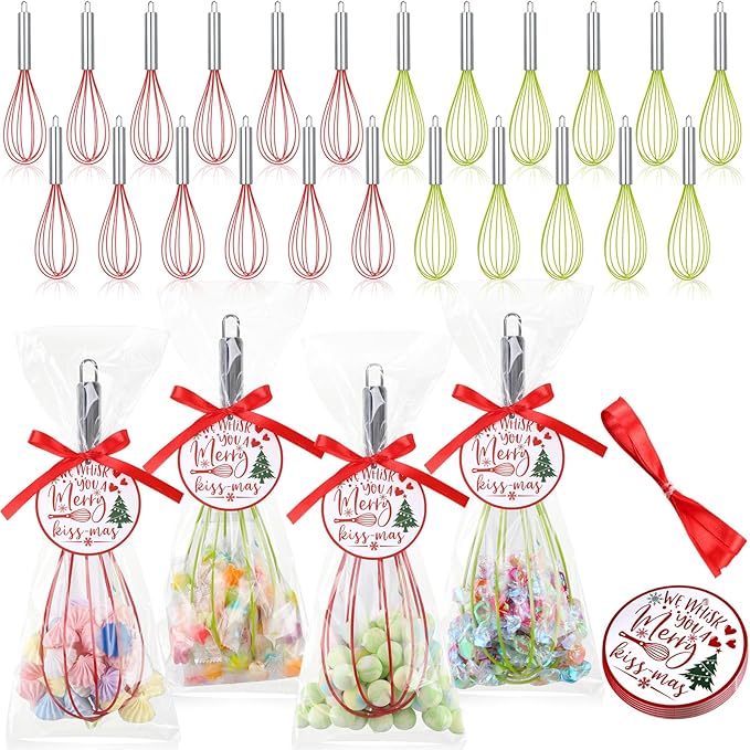 FoldTier 72 Sets 10 Inch Christmas Whisks Gifts DIY Fillable Christmas Tree Ornaments Xmas Colored Silicone Whisks for Cooking Heat Resistant Egg Beaters with Card Rope Bag for Candy Holder