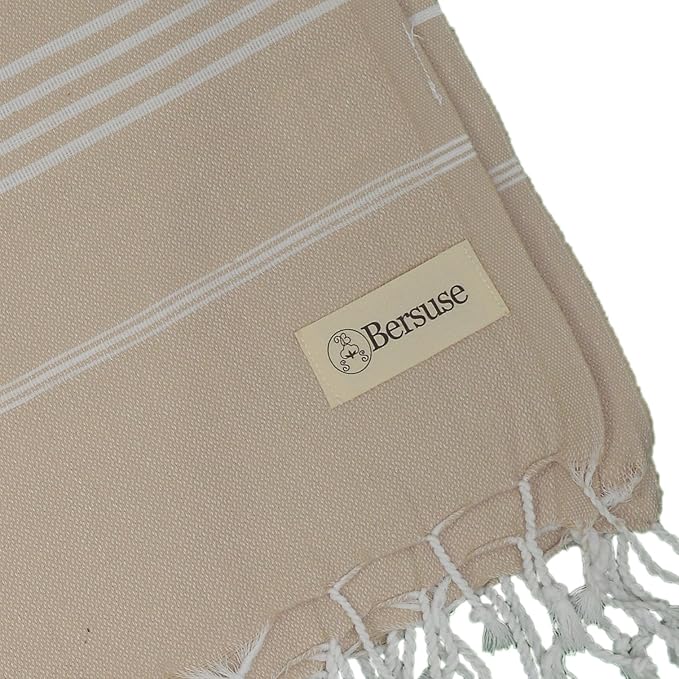 Bersuse Towels Anatolia XL Beach Blanket Throw Blanket Turkish Towel 100% Cotton Extra-Large Quick-Dry Lightweight Premium Peshtemal Towel - 61x82 Inches, Beige (Set of 3)