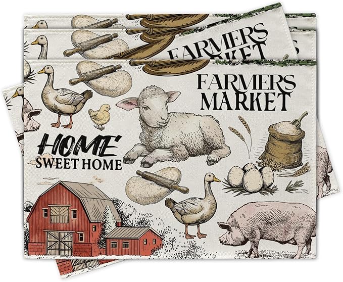 Vintage Farm Animals Placemats Set of 4, Farmhouse Country Barn Lamb Pig Chick Duck Tractor Dining Place Mats Table Decor, Retro Farmer Market Home Sweet Home Kitchen Decoration 12''x18''