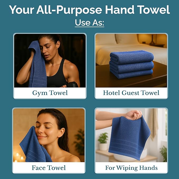 Casa Platino Hand Towels for Bathroom - 4 Pack (16"x28") - 100% Cotton Hand & Face Towels - Durable, Lightweight & Quick Dry - Affordable Bathroom Hand Towel, Everyday Essential for Dorm Rooms - Navy