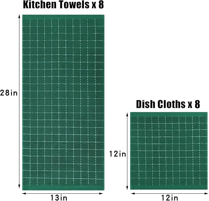 Homaxy Kitchen Towels and Dishcloths Set, 12 x 12 and 13 x 28 Inches, Set of 16 Bulk Cotton Terry Kitchen Towels Set, Checkered Designed, Soft and Super Absorbent Dish Cloths, Dark Green