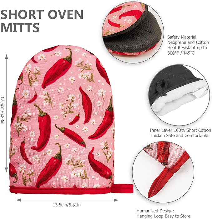 Hot Peppers Oven Mitts, Funny Chili High Heat Resistant Kitchen Oven Gloves, Mini Silicone Oven Mitts, Non-Slip Grip Surfaces and Hanging Loop for Grilling, Baking, Cooking and Microwave, Gift