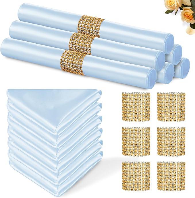 100 Pack Light Blue Satin Napkins and Napkin Rings Set, 12 x 12 Inch Silky Soft Cloth Napkins Set of 50, Square Satin Dinner Table Napkins Bulk for Wedding Banquet Graduation Party Decoration