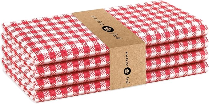 Native Fab Gingham Cloth Napkins - Set of 4 - Mini Check Plaid - 100% Cotton - 16x16 inches - Soft Comfortable Absorbent - Premium Hotel Quality - Easy Care, Washable, Wedding, Everyday Use - Red