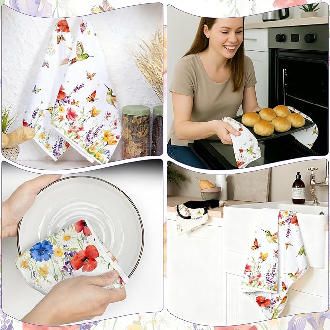 4Pcs Hummingbird Flower Kitchen Towels-16×24in Spring Dish Towels, Super Absorbent Wildflower Hand Towels for Holidays Decor Easter Mother‘s Day Gifts