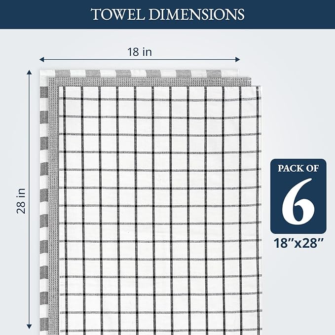 LANE LINEN Kitchen Towels Set – Pack of 6 Cotton Dish Cloths, 18”x28”, Soft & Quick-Drying Tea Towels for Cleaning – Black