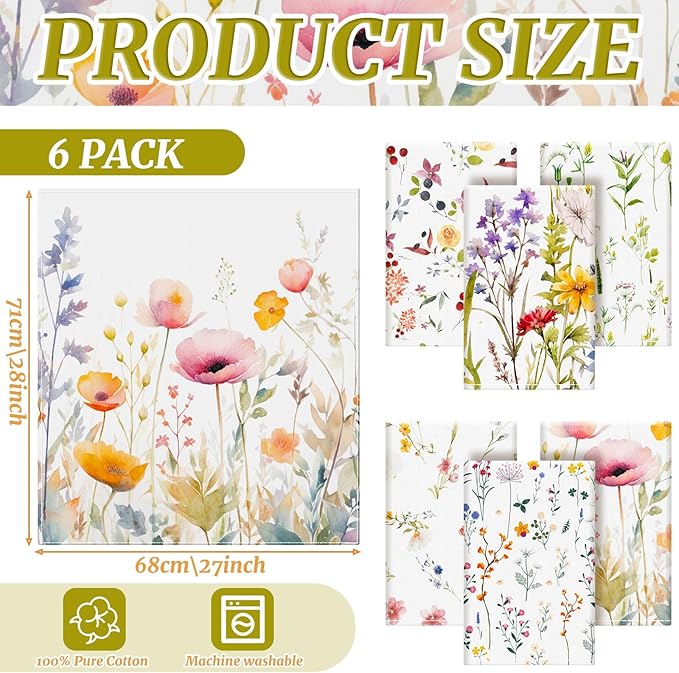 HunnmingRe Wildflower Floral Flour Sack Towels - Set of 6 Spring Flour Kitchen Towels Large 28 x 27 Inch Reusable Versatile Cotton Cloths Bathroom Decor Housewarming Gift, Vintage Flower (Fresh)