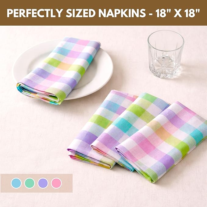 Native Fab Easter Check Dinner Napkins Set of 12, 18x18 Inches, 100% Cotton, Colorful & Absorbent Fabric for Parties, Weddings, Holidays, Reusable Washable Cloth Napkin for Everyday Use - Multi Color