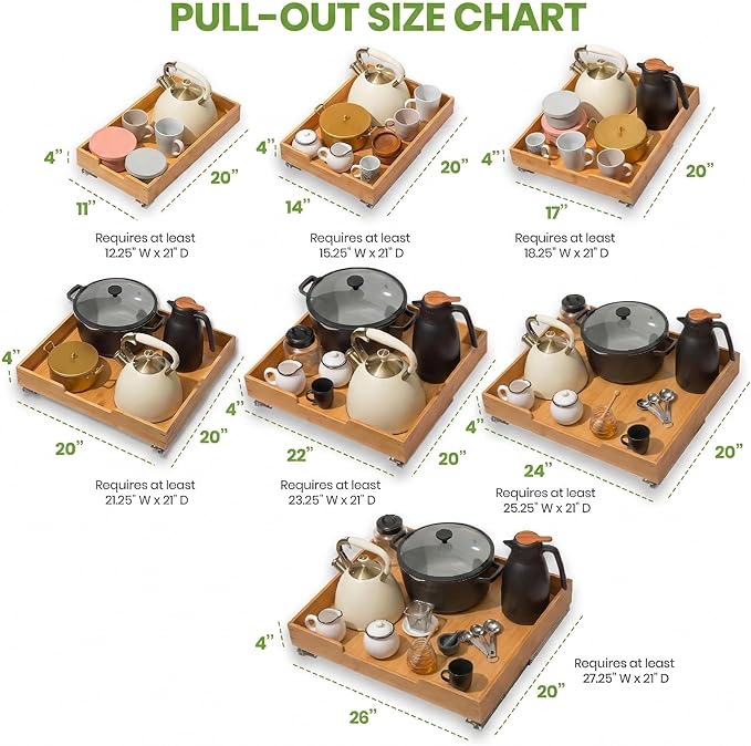 HOLDN’ STORAGE Bamboo Wooden Pull out Cabinet Organizer 14"W x 21"D Requires At Least a 15.25"W x 21"D Cabinet Opening W/Lifetime Limited Warranty, Bamboo Tray and Heavy Gauge Metal Rails