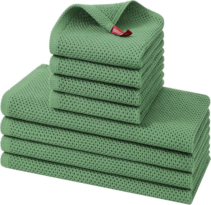 Kitinjoy 100% Cotton Kitchen Towels and Dishcloths Set, 8 Pack-13" x 28" and 12" x 12" Waffle Weave Dish Towels, Ultra Soft Absorbent Quick Drying Dish Rags, Grass Green