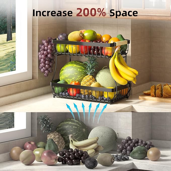 Sevenblue 3 Tier Fruit Basket for Kitchen Counter with 2 Mobile Banana Hangers, 2026 Pro Detachable Metal Fruit Bowl with Wooden Handle, Fruit Holder for Bread Snack Veggies with Protective Mats