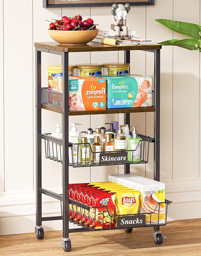 OKZEST 4 Tier Rolling Cart with Drawer Baskets, Metal Utility Storage Cart with Wheels and Wood Top for Living Room, Kitchen, Home Office, Bedroom, Pantry, Baby Essential, Makeup, Snack, Craft, Black