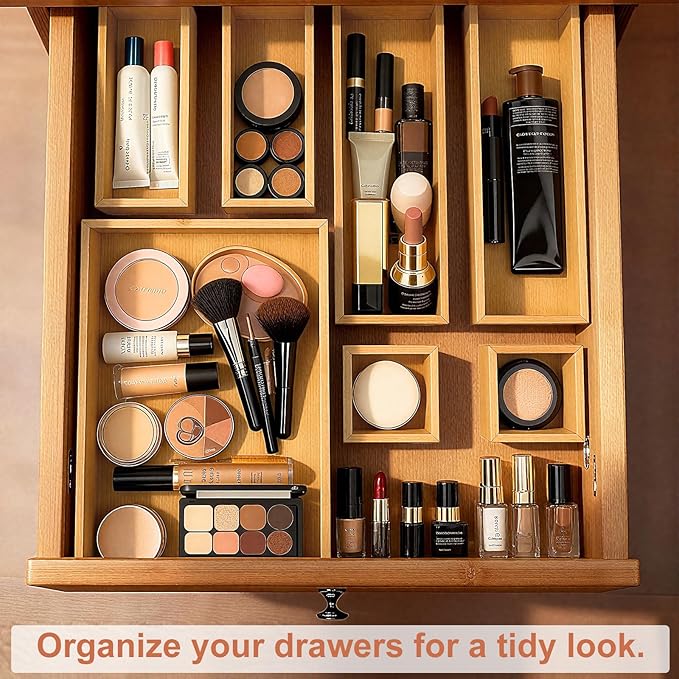 Bamboo Drawer Organizer Boxes - Set of 7 Wooden Drawer Organizers for Kitchen, Bathroom, Office, Desk, Vanity, Makeup - Non-Slip Junk Drawer Organizer Trays for Storage and Organization