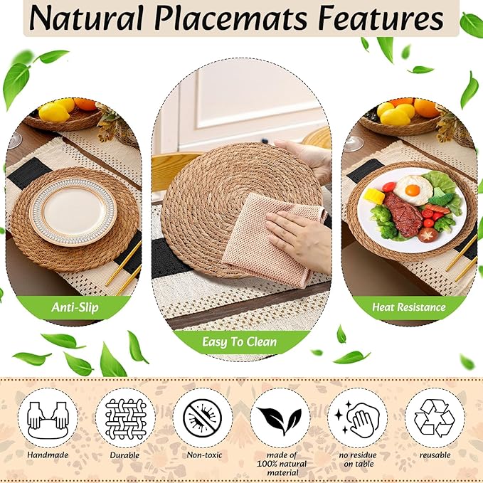 Boho Placemats 4/6/8 Set of Round Woven Placemat Macrame Style Bicolor Stitching Long Table Runner Farmhouse Rustic Natural Burlap Cotton for Kitchen Dining Table(6 Sets,Black A,12x72)