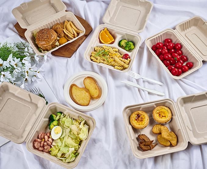 ECOLipak 50 Pack Clamshell To Go Containers, 100% Compostable Disposable Take Out Food Containers, 8X8 inch Heavy-Duty To Go Boxes, Eco-Friendly Biodegradable Take Out Containers For Food