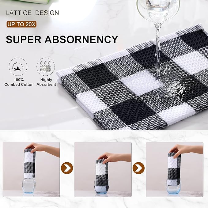 Mordimy 100% Cotton Waffle Weave Kitchen Towels, 20 x 28 Inches, Super Soft and Absorbent Buffalo Check Large Dish Towels for Drying Dishes, 4-Pack, Black & White