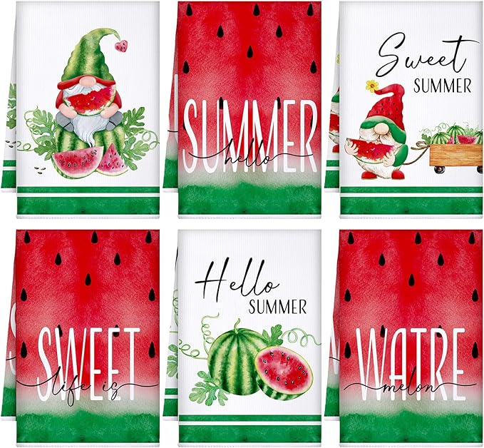 Bencailor 6 Pcs Watermelon Kitchen Towels Gnome Absorbent Dish Towels Colorful Decorative Tea Watercloth for Summer Kitchen Cooking Home Cleaning, 16 x 24 Inches