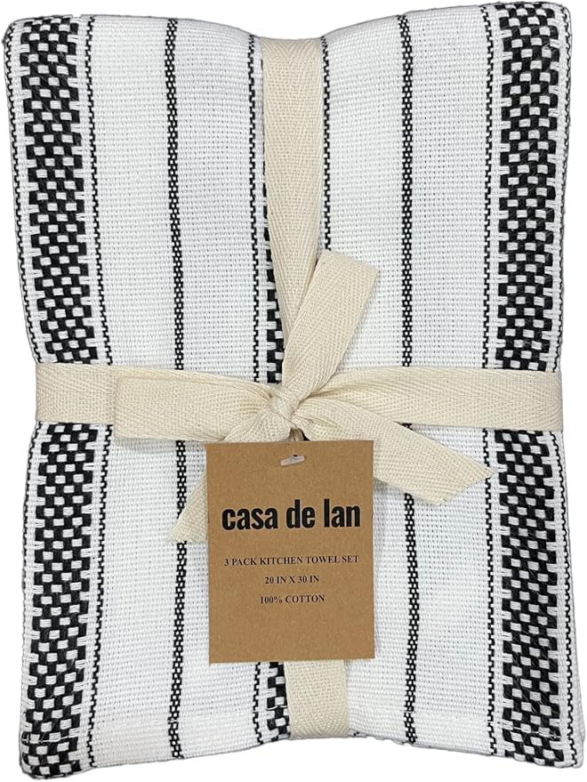 Kitchen Towels Set – Pack of 3 (20’’ x 30’’) Extra Large Premium Cotton Dish Towels for Kitchen – Chain Stripe Towels – Absorbent – 100% Cotton – with Hanging Loop – Black