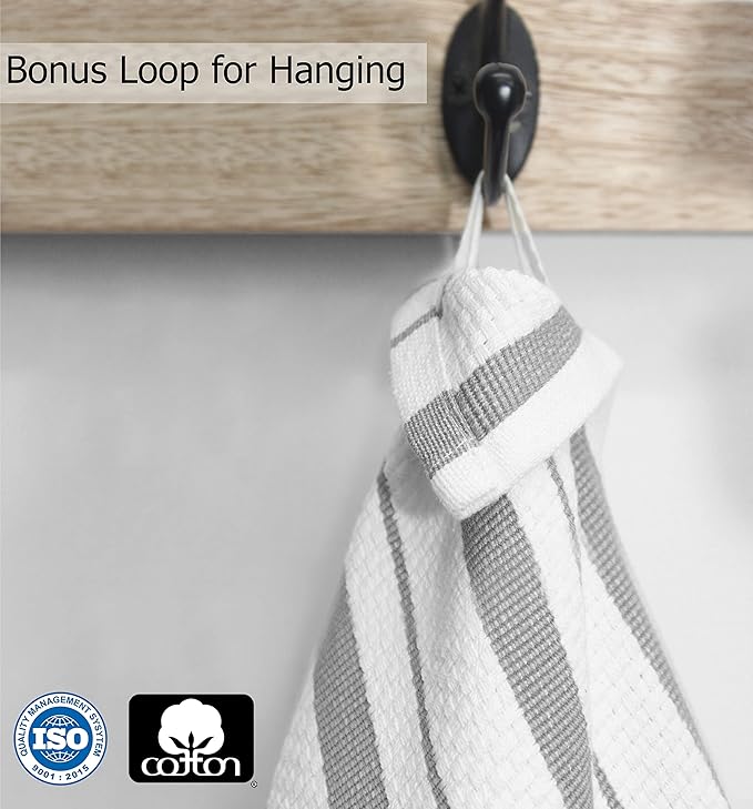 COTTON CRAFT - 4 Pack - Basket Weave Kitchen Towels - Grey - Cotton - Oversized 20x30 - Modern Clean Striped Pattern - Convenient Hanging Loop