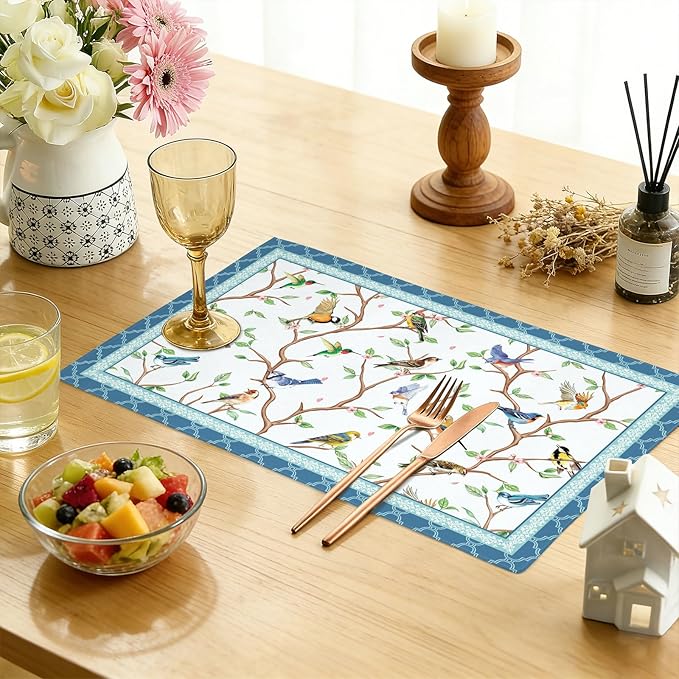 comfoyar Blue Bird Placemats Set of 4, 12x18 Inch Non-Slip Linen Spring Flower Place Mats, Washable Absorbent Table Mats for Kitchen Dining Party Table Decoration